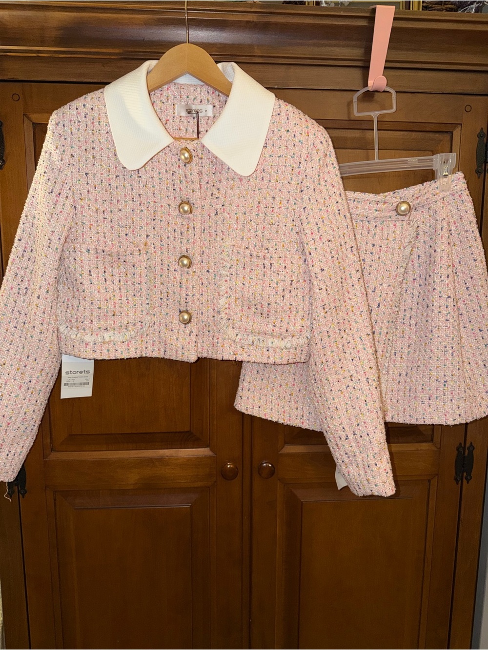 Storets Pink Tweed Cropped Jacket and Skirt Set with White Collar
